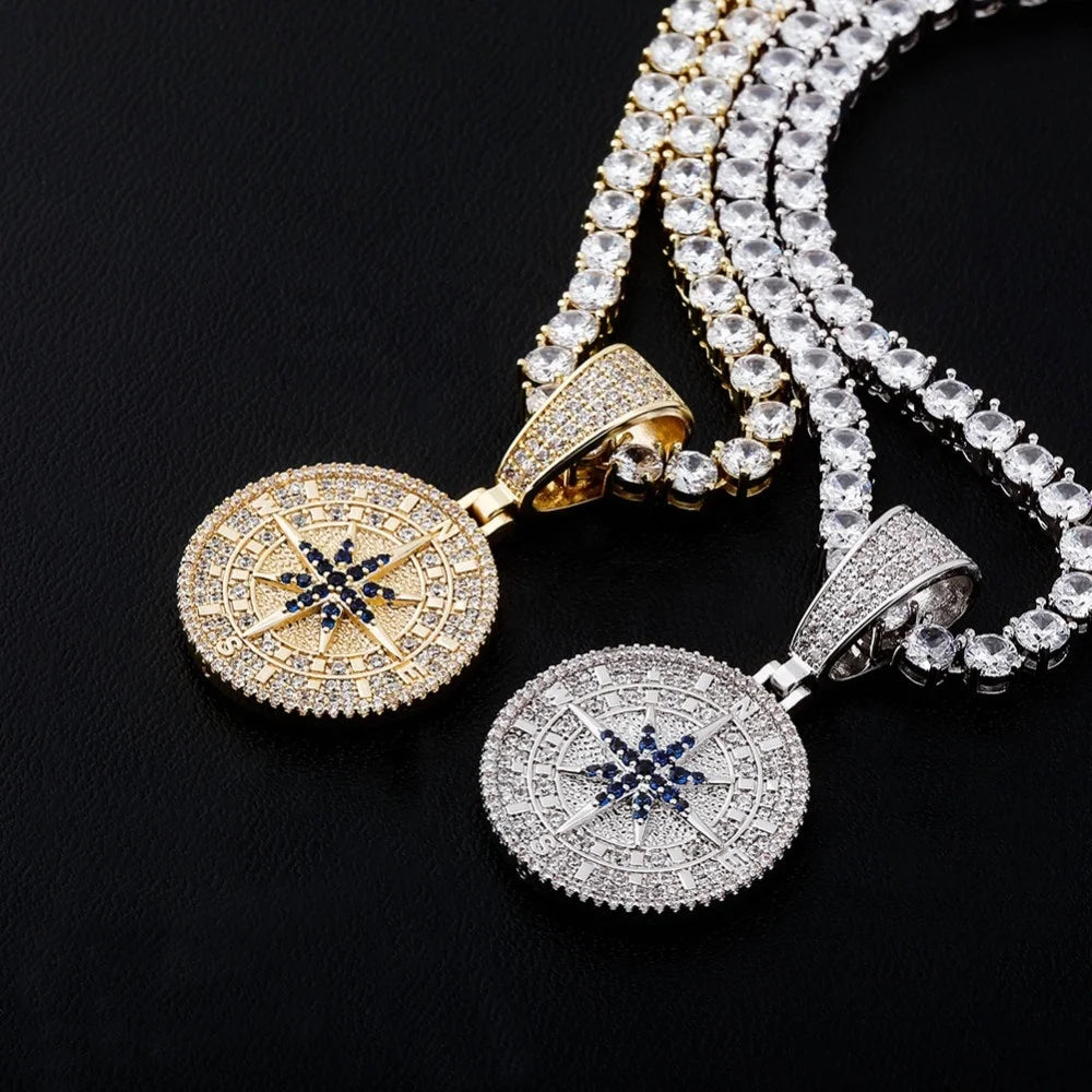 Hip Hop Iced Glitter Gold Plated Brass Cubic Zirconia Compass Pendant Tennis Chain Fashion Charm Choker Necklace Gift Men Women