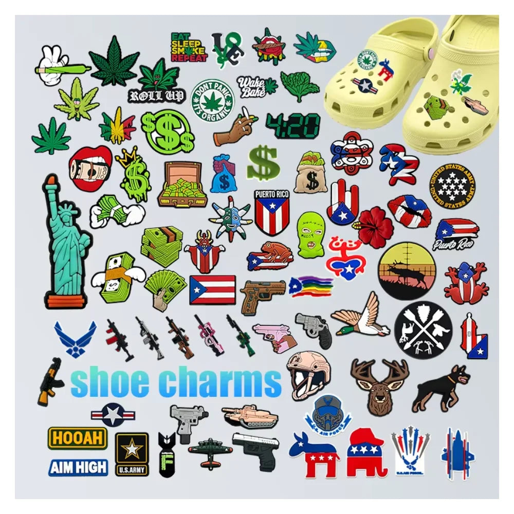 New Pop Wholesale America Culture Custom PVC Shoe Decorations Green Plants Smoke Accessories Go Hunting Guns Clogs Shoe Charms MegaBDM