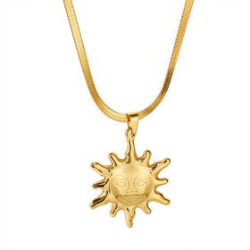 Waterproof Stainless Steel 18K Gold Plated Sun Pattern Pendant Necklaces for Women