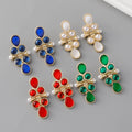 Vintage Gold Plated Round Pearl Earrings Stud with Colorful Glass Geometric Water Drop Design Earrings for Wedding Party