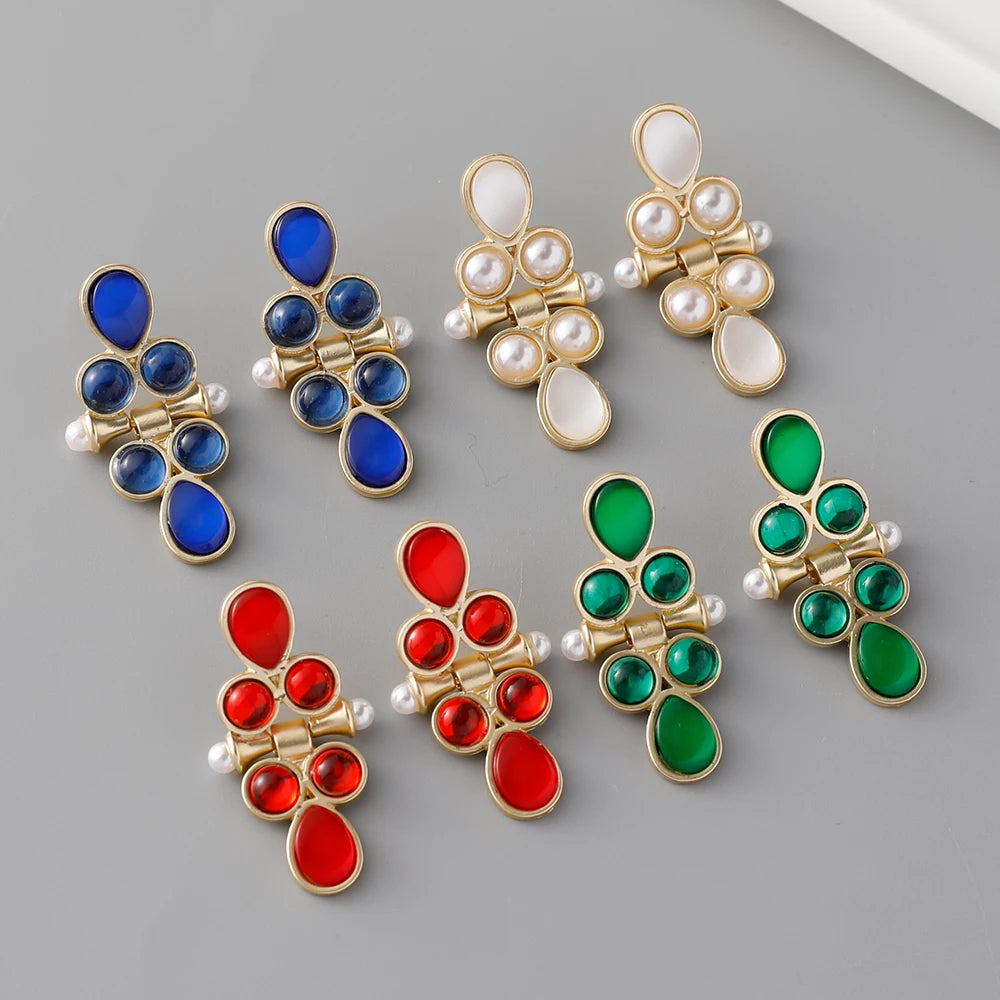 Vintage Gold Plated Round Pearl Earrings Stud with Colorful Glass Geometric Water Drop Design Earrings for Wedding Party