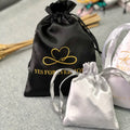 Luxury Black Satin Wig Bags with Gold Logo Drawstring Packaging for Hair High-End Luxury Textile Packaging