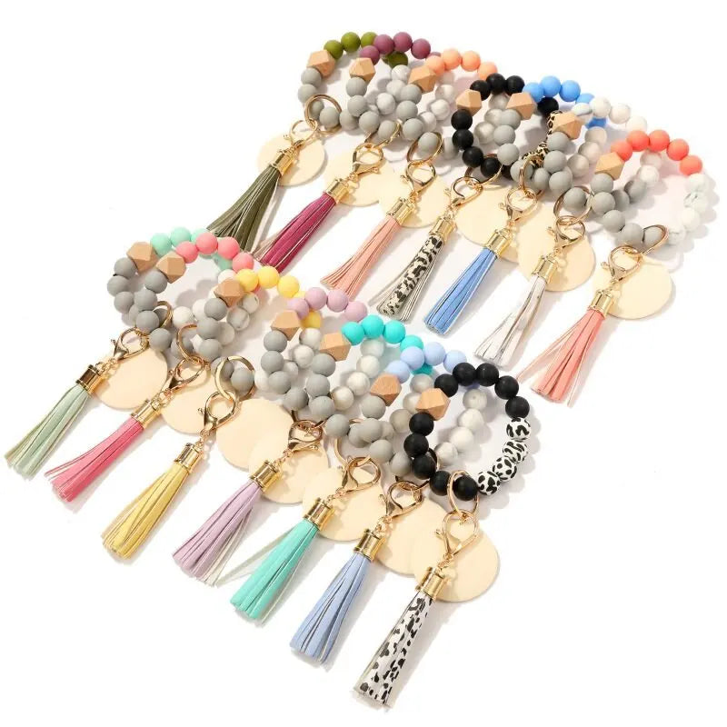 High Quality Silicone Beaded Bracelet Wristlet Silicone Beaded Key Ring Bracelet Elastic Keyring Bangle Tassel Keychain
