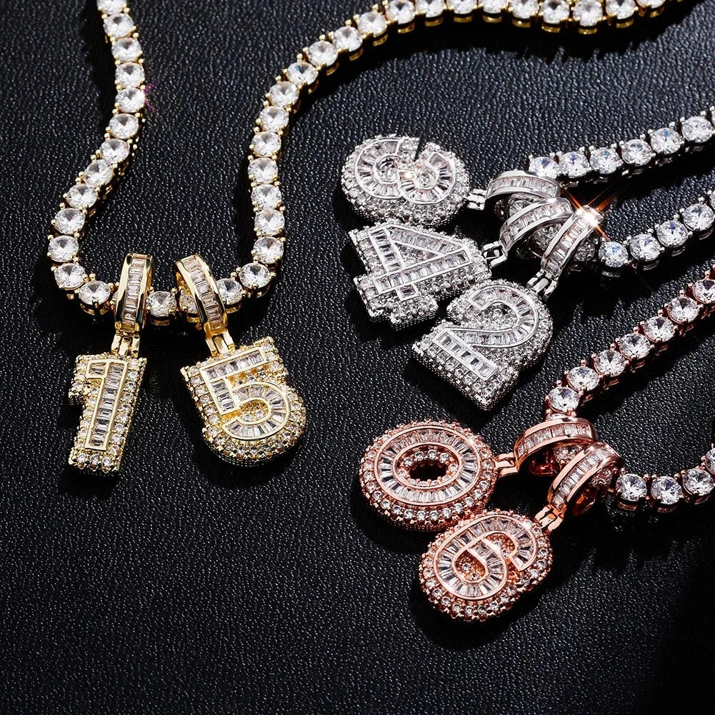Hip Hop 0-9 Baguette Number Pendant Necklace Men Women Fully Iced Out Cubic Zirconia Bling Tennis Chains Necklaces Jewelry Gifts