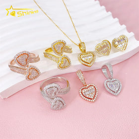 Shining Jewelry Sterling Silver 925 Iced Out Hip Hop Style Pendant Necklace Ring with Earrings Vvs Moissanite Heart Jewelry Set