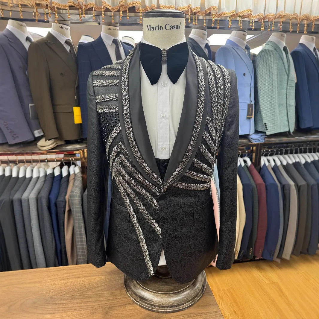 Handmade Men's Dress Suit New Cross-Border Business Style Single Breasted 3-Piece Set for Boys V-Neck Collar Embroidered Beads