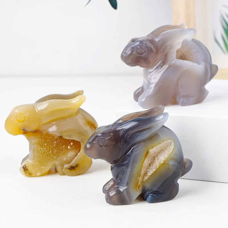 Wholesale Natural Healing Gemstone Carvings Reiki Animal Folk Craft Agate Crystal Rabbit
