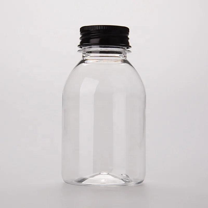 250 ml 8 oz Volume Drink Bottle Aluminum Cap Tamper Proof Cap OEM White Clear Plastic Sparkling Soda Tea Milk Juice Round Bottle