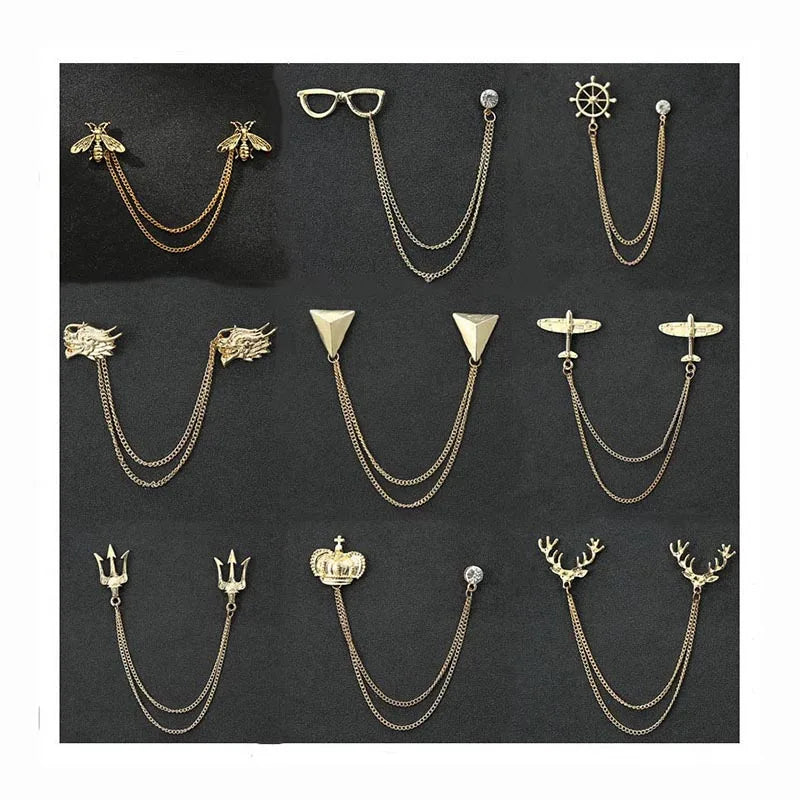 Vintage Men Garment Ornament Gold Silver Lapel Double Brooch Chain Pin Long Design Bee Wing Badge Suit blazer Tuxedo Corsage Pin