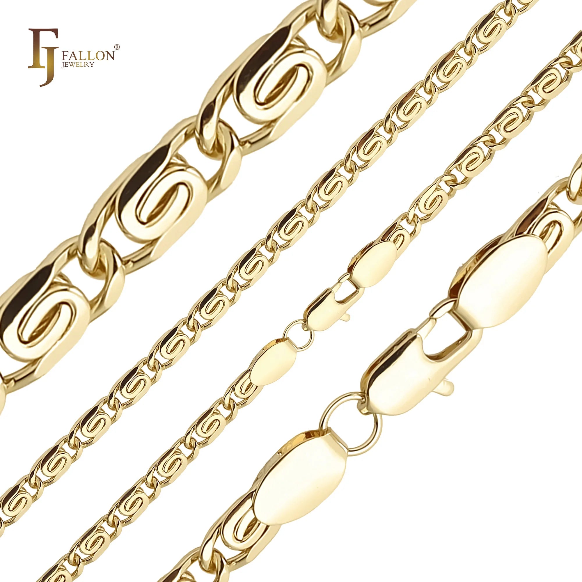 2mm FJ Fallon Fashion Jewelry Classic Rounded Flank Snail Link Chain Plated in 14K Gold Brass Based