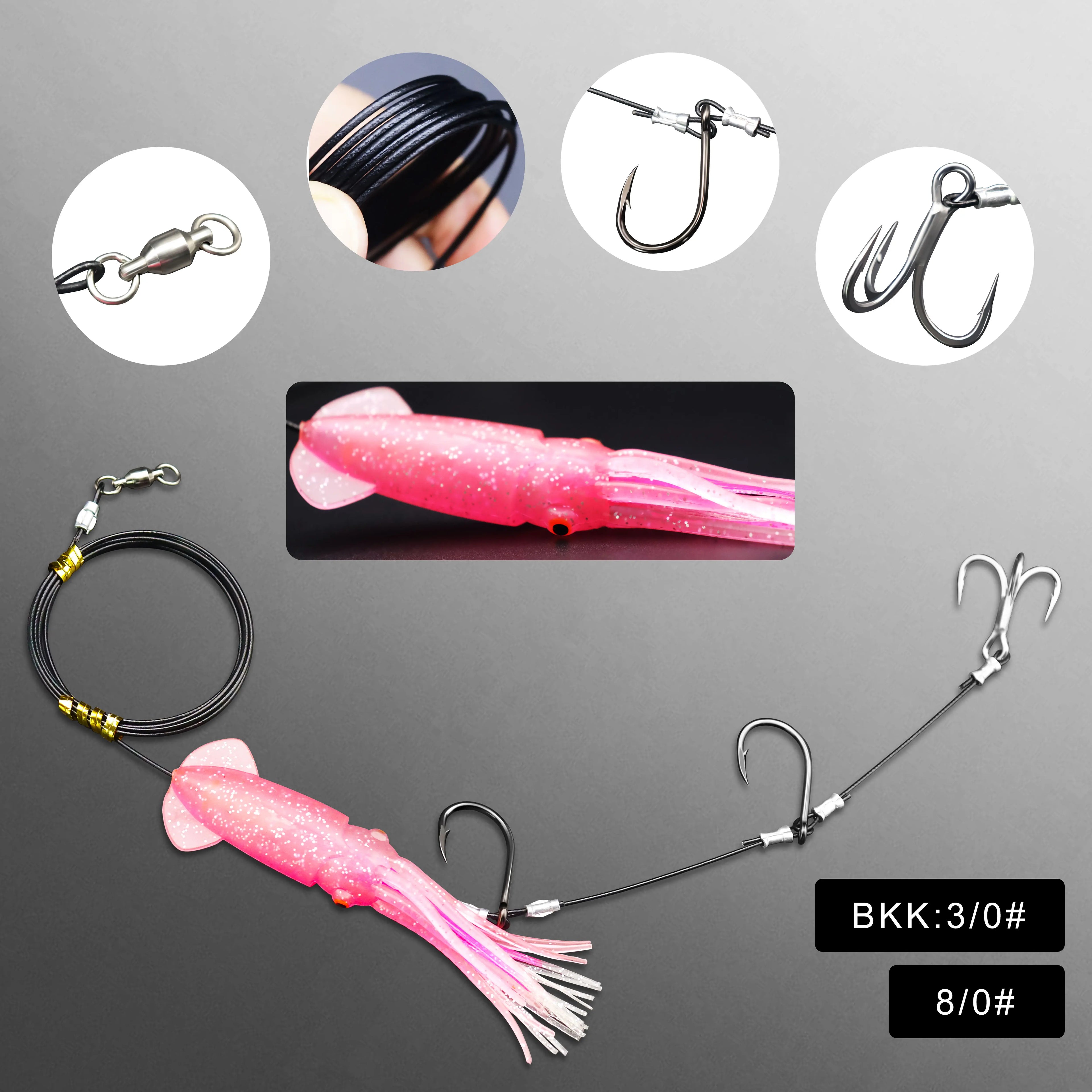 77.28Inches 49 Strands Steel Wire Tuna Fishing Rig with Luminous Octopus 8/0 Jig Hook 3/0 Treble Hook Saltwater Fishing Big Game