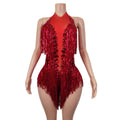 2023 Sequins Tassel Pole Dance Leotard Show Costume Women Playsuits Backless One Piece Short Jumpsuit Sexy Rhinestone Bodysuit