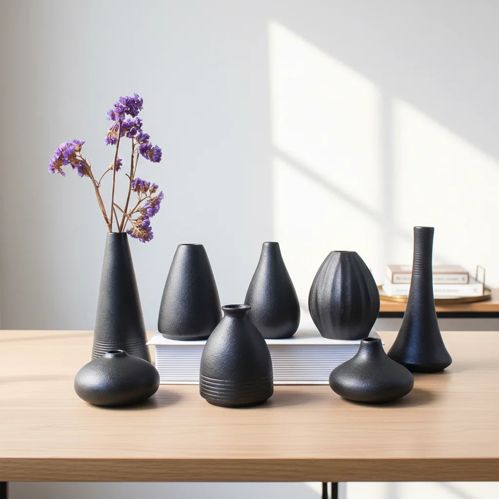 Japanese Style Matte Black Ikebana Flower Vase Antique Kenzan Ceramic Vase