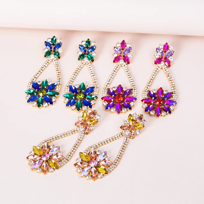 Vintage Colorful Glass Geometric Flower Link Chain Earrings Sparkling Crystal Rhinestone Tennis Chain Earrings for Women