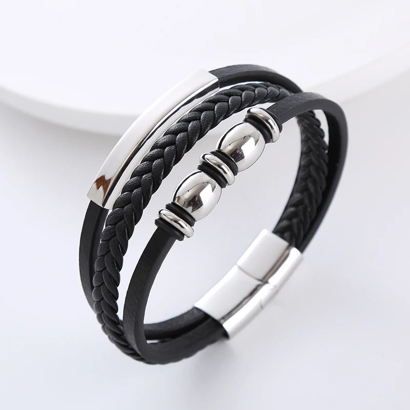 Custom Engraveable Stainless Steel Beads Blank bar Fashion Jewelry Genuine Leather Bracelet Men