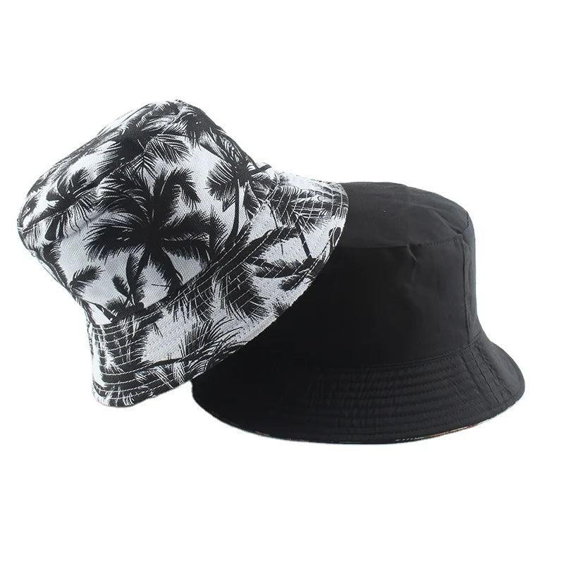 2021 New Fashion Summer Coconut Tree Flower Printed Fisherman Caps Panama Bucket Hat Reversible Gorro Pescador Men Women