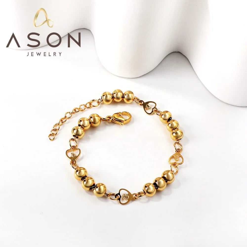 Ason Jewelry New Design Stainless Steel Steel Ball Chain Bracelet Gold Color Hollow Heart With Portrait Charm Bracelet