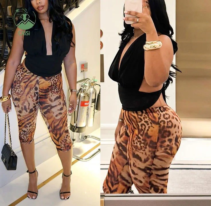 New Summer Two Piece Set Women Clothing Halter Backless Lace-up Tops Floral Leopard Print 2 Piece Pants Suit Women
