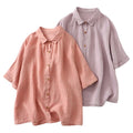 2025 New Arrival Casual Solid Button Women's Summer Short Sleeve Linen Blouse with Drop Shoulder Tops Loose Fit Simple Design