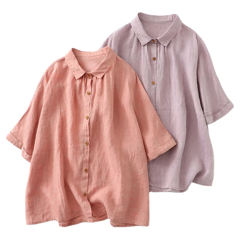 2025 New Arrival Casual Solid Button Women's Summer Short Sleeve Linen Blouse with Drop Shoulder Tops Loose Fit Simple Design
