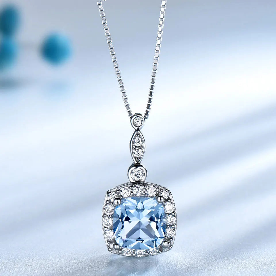 S925 Sterling Silver Necklace Sky Blue Sapphire Gemstone Pendant Necklace Fashion Jewelry