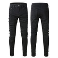 Wholesale Black Patch Denim Men's Regular Fit Hip Hop Street Wear Vintage Casual Ripped Stacked Washed Stretch Breathable