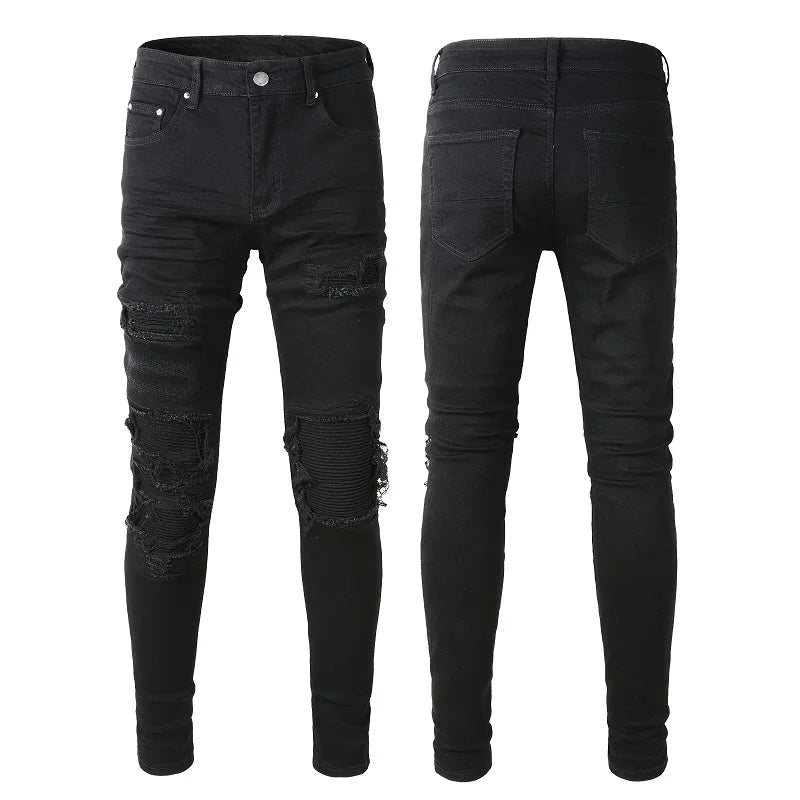 Wholesale Black Patch Denim Men's Regular Fit Hip Hop Street Wear Vintage Casual Ripped Stacked Washed Stretch Breathable