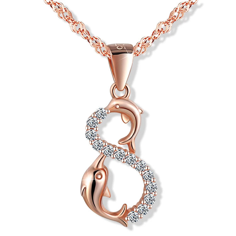 Real 925 Sterling Silver Rose Gold Cz Double Dolphin Pendant Necklace