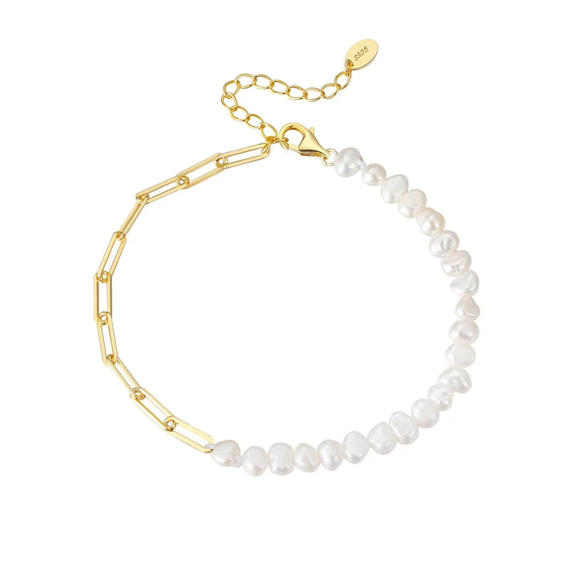 Temperament Baroque Irregular Freshwater Pearl Bracelet S925 Sterling Silver Paperclip Chain Adjustable Bracelets