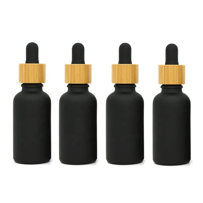 330Pcs Low Customized Premium Matte Black 15ml 20ml 30ml 50ml Cosmetic Essential Oil Bottle with Bamboo Cap Glass Dropper Bottle