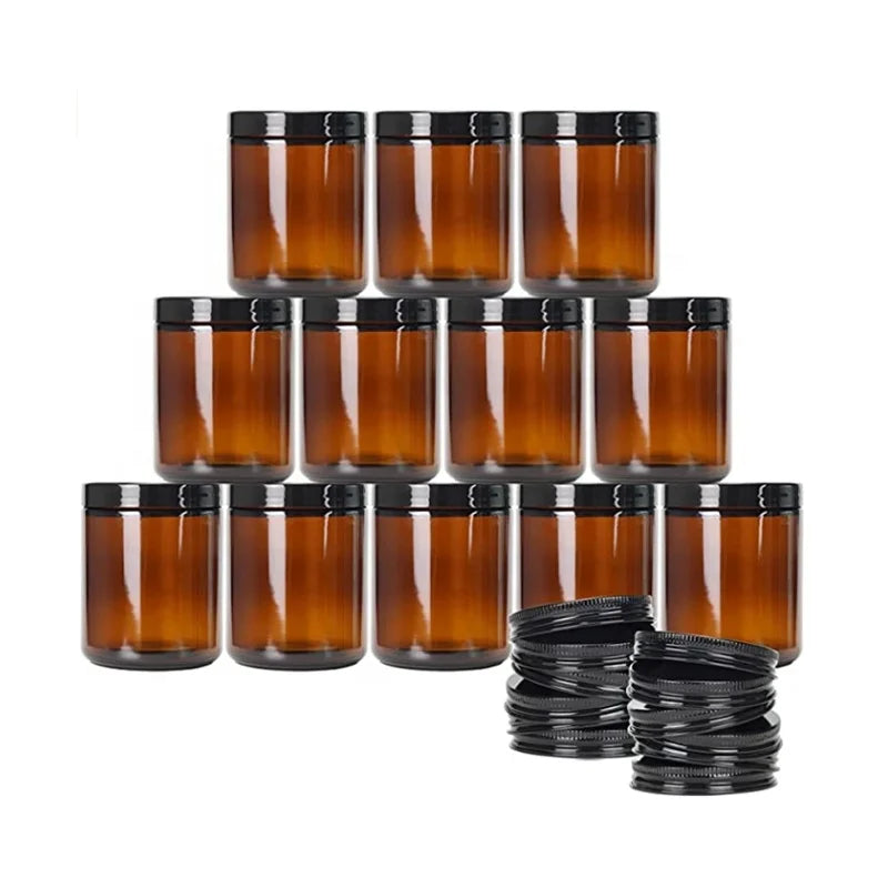 Empty 8 oz 250ml Amber Brown Vintage Glass Candle Holders Jar Wide Mouth with Plastic or Metal Black Lid