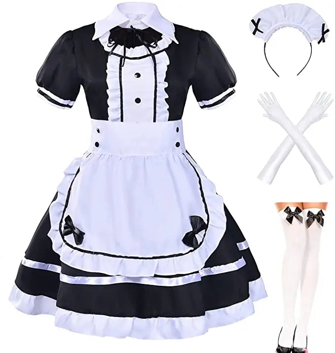 Japanese Anime Sissy Maid Dress Cosplay Sweet Classic Lolita Fancy Apron Maid Dress With Socks Gloves Set