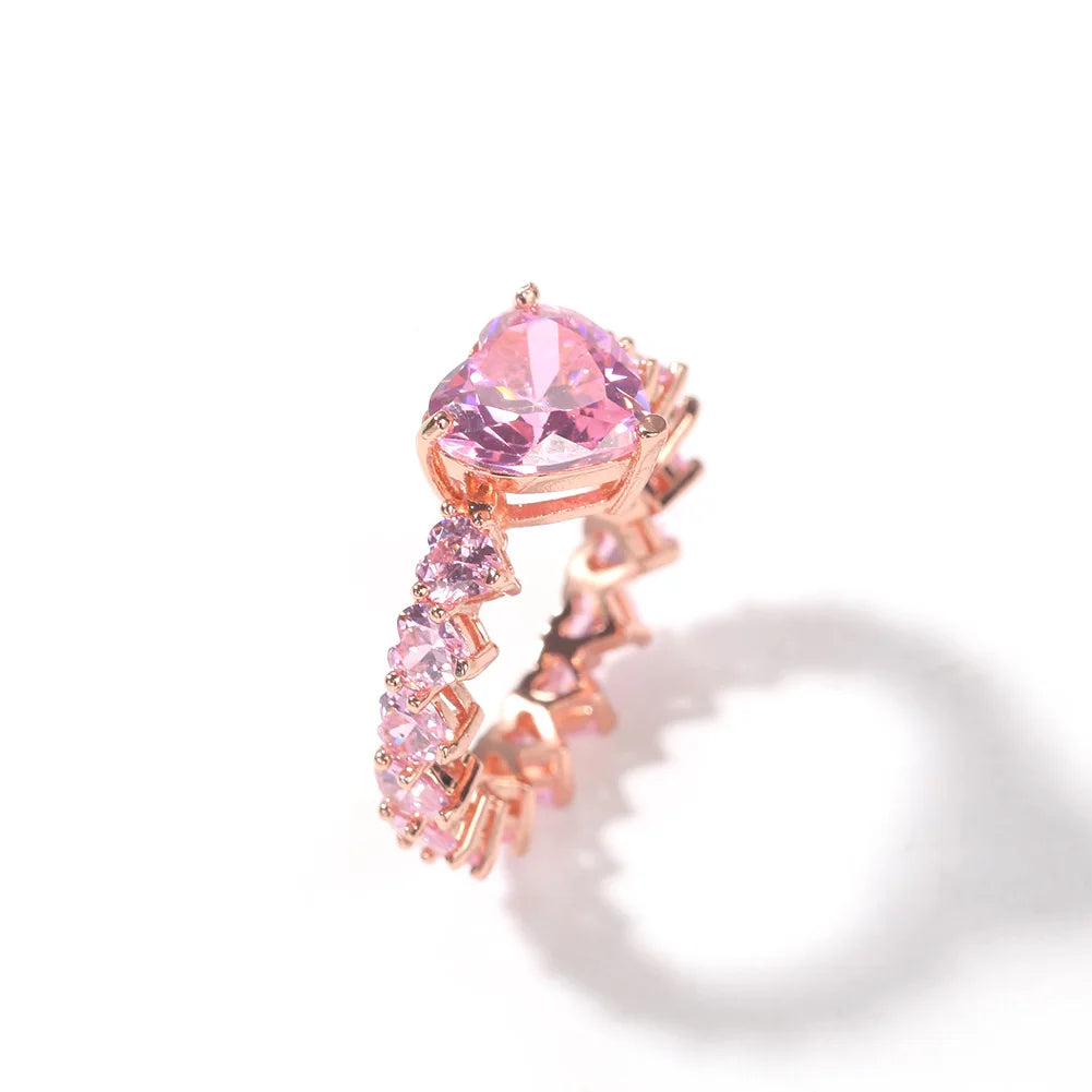 Trendy Unisex Wedding Ring Gold Crystal Pink Heart Cut Zircon Flower Stainless Steel Promise Jewelry for Fashionable Parties