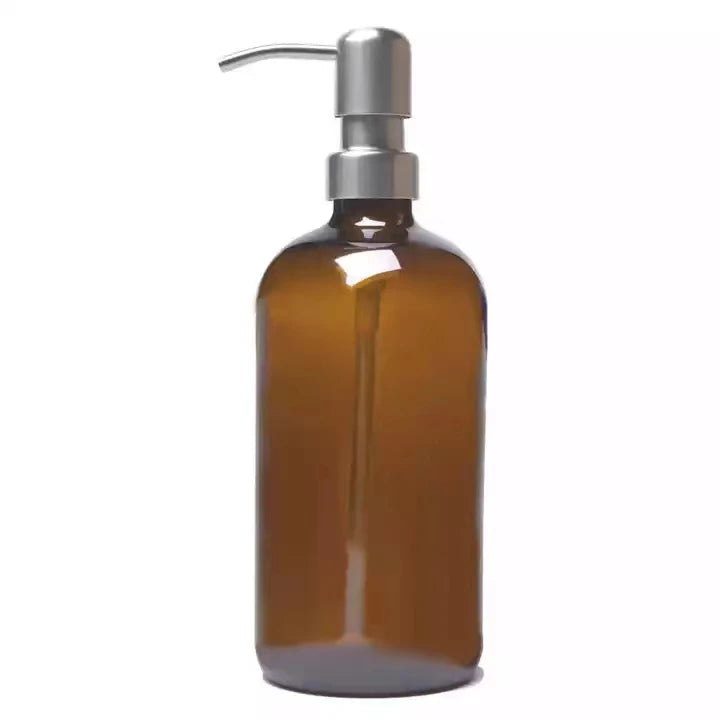 Hot Sale 16 oz Amber Empty Round Glass Liquid Bottle with Stainless Steel Pump