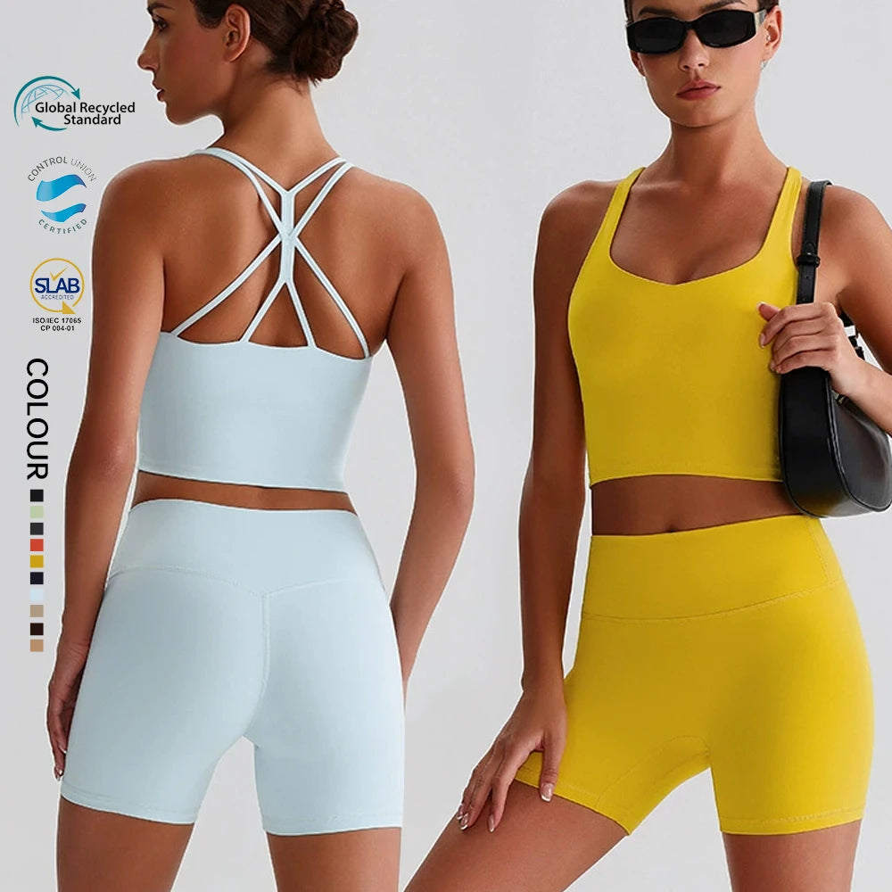 SHINBENE Recycled Polyester Women's Biker Shorts and Strappy Bras Yoga Workout Set Sustainable Sports Gym Fitness Sets