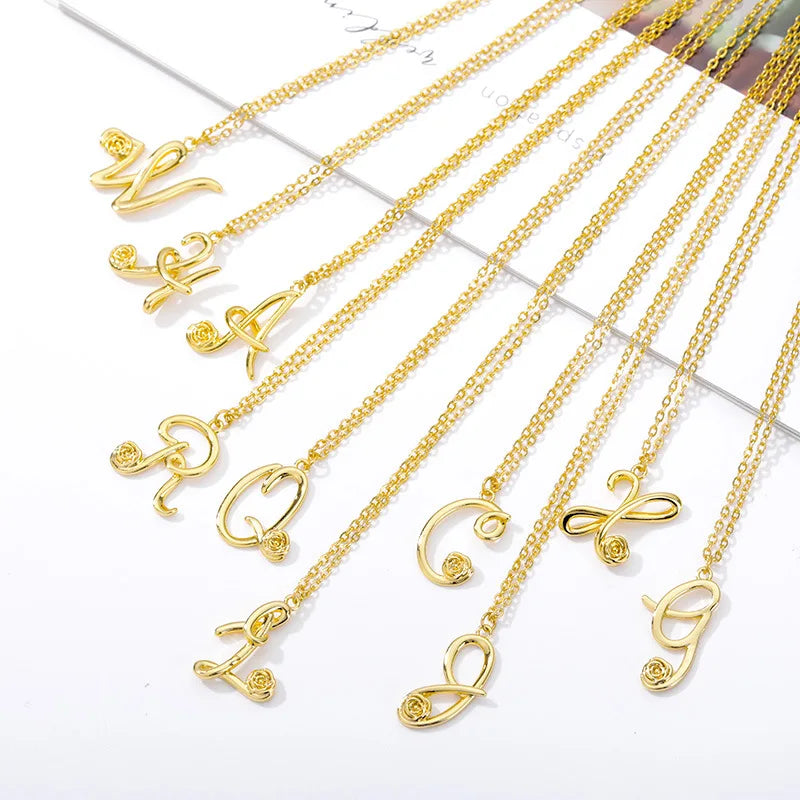 Initials 26 Letter Vintage Stainless Steel Necklace Fashion Gold Plated Letter Necklace Trendy Flower Initial Necklace for Girls
