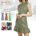 Factory Custom 2025 Trend Summer Womens Linen Rayon Fabric Design Stand Neck Sleeveless Mini Clothing Office Casual Dresses