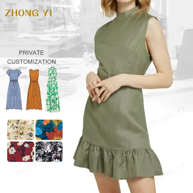 Factory Custom 2025 Trend Summer Womens Linen Rayon Fabric Design Stand Neck Sleeveless Mini Clothing Office Casual Dresses