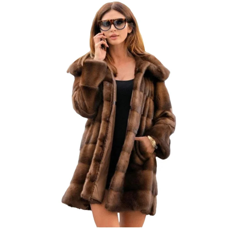 Women's Long Cross-Border Faux Fur Woven Cotton Overcoat Europe and America Style Loose Parka for Commuting