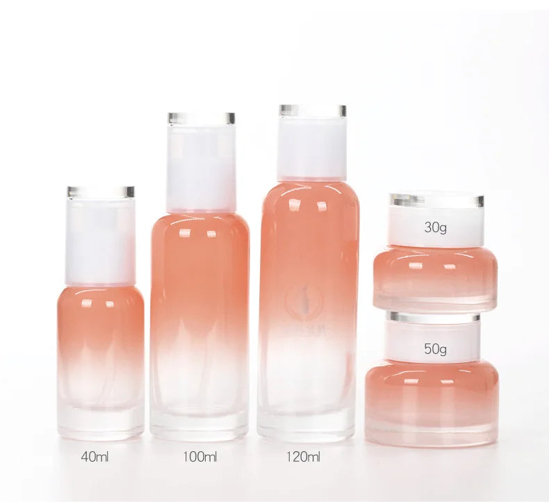 Pink Cream Jar 30g 50g 40ml 100ml 120ml Liquid Glass Toner Bottles Screw Cap for Face Cream Minimum Order 100pcs Box Packing