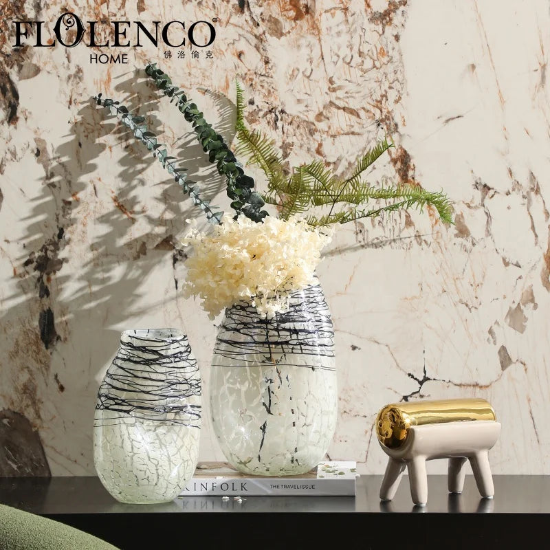 Flolecno Handmade Glass Vases for Home Decor Hand Drawn Black Line Decorative Flower Vase Tabletop Interior Ornaments
