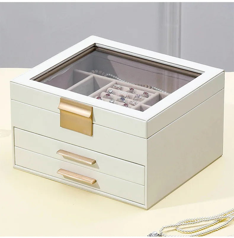 Luxury Jewelry Organizer PU Leather 3-layer Jewelry Storage Box with Glass Lid/drawer Jewellery Display Box for Girlfriend Gift