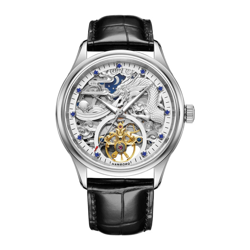 HANBORO Men's Fully Automatic Mechanical Watch with 41mm Dial Hollow Out Display and Pointer