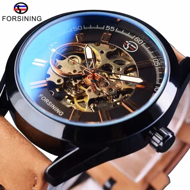 Forsining 2023 New Hot Sell Men Casual Sport Genuine Top New Luxury Leather Automatic Wrist Watches Skeleton Mens Clock Gift