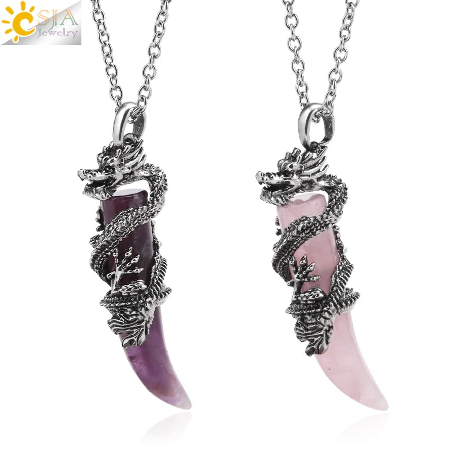 CSJA Wholesale Personality Stainless Steel Dragon Natural Stone Healing Quartz Crystals Wolf Tooth Pendant Men Necklace Jewelry