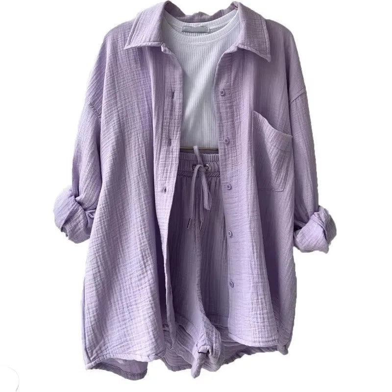 Factory Wholesale Women's Casual Suit Set Embroidered Long-Sleeved Shirt High-Waisted Drawstring Shorts Loose Fashionable Style