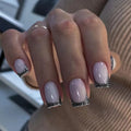 Short White Silver Glitter Nails French Nails Acrylic Press on Nails Artificial