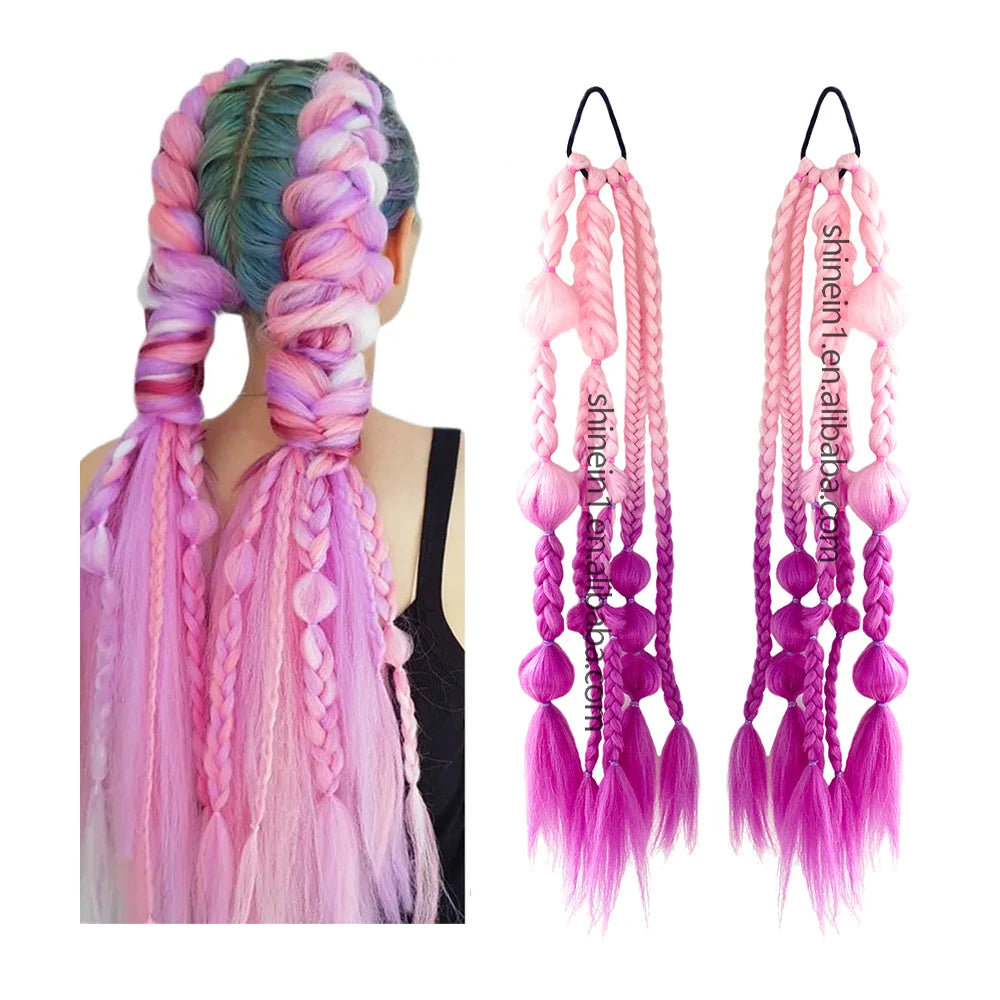 Shinein 24in Pink Gradient Crochet Braiding Hair Handmade Synthetic Bubble Braided Hair Ponytail Extension for Cosplay