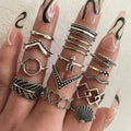 Bohemian Silver Ring Set Vintage Hollow Shell Heart Knuckle Rings for Female Round Finger Jewelry 16Pcs/set Midi Joint Ring