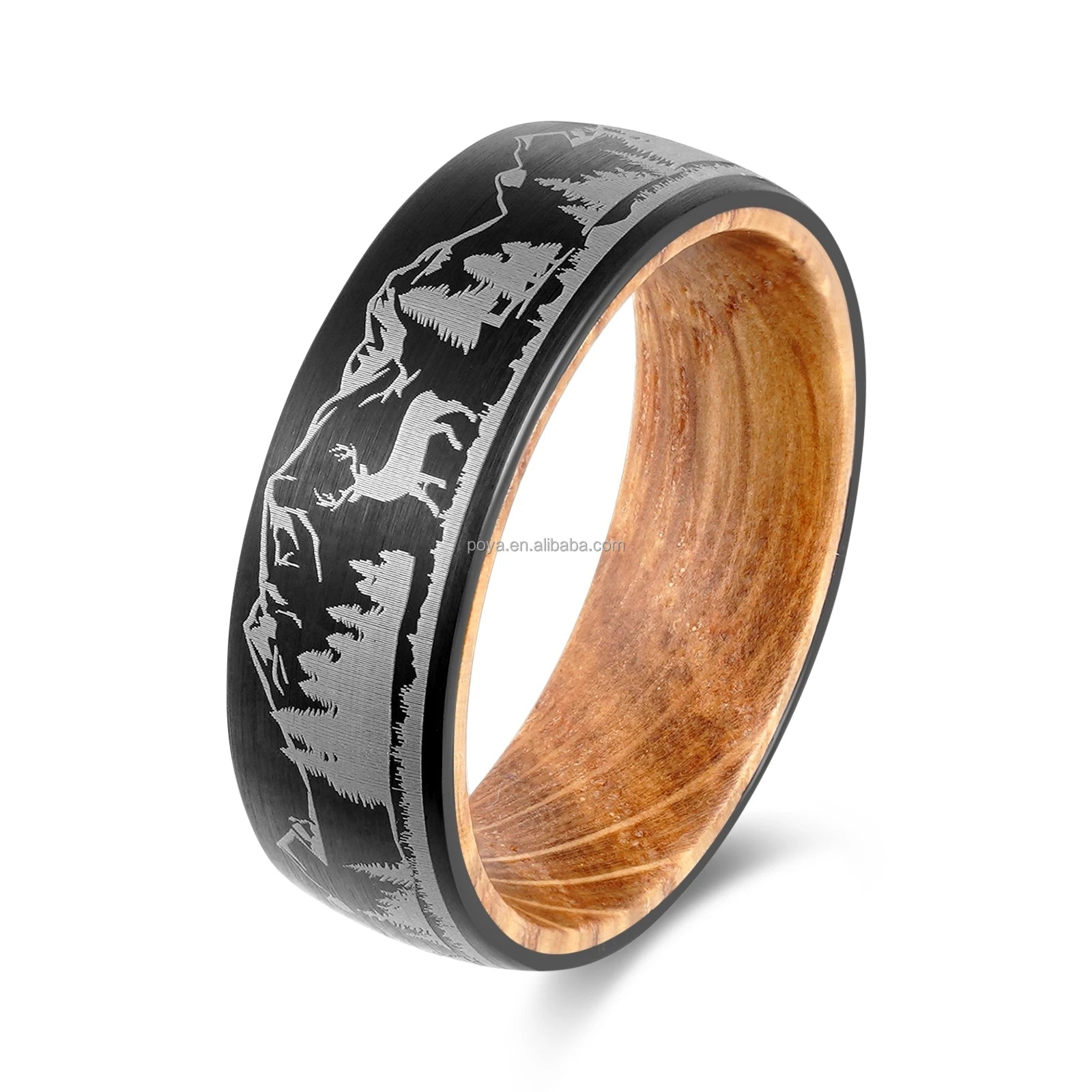 POYA Unisex 8mm Oliver Wood Liner Black Tungsten Ring Religious Laser Mountain and Deer Design for Wedding Anniversary Gift